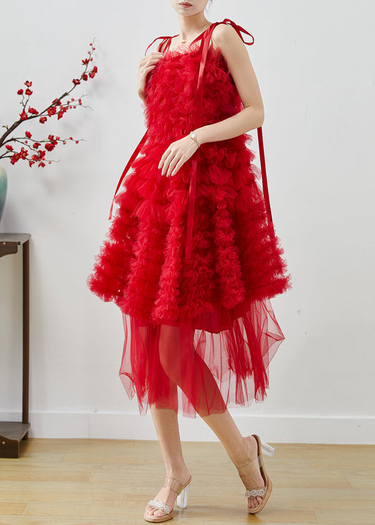 Women's Red Tulle Mini Dress Adjustable Straps Layered - OutfitLondon