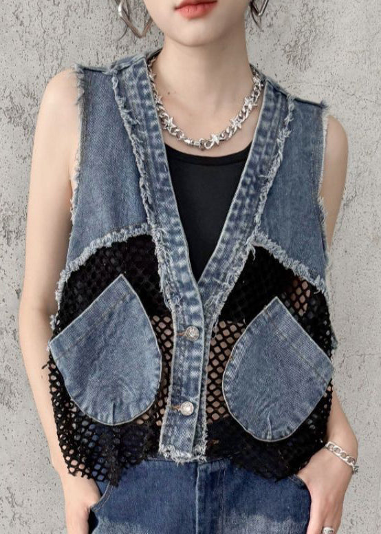 Women's Denim Vest Sleeveless V Neck Breathable Patchwork Blue - OutfitLondon