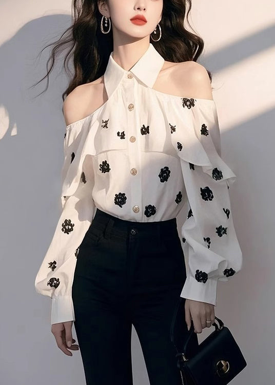 Women's Off Shoulder Silk Blouse White - OutfitLondon
