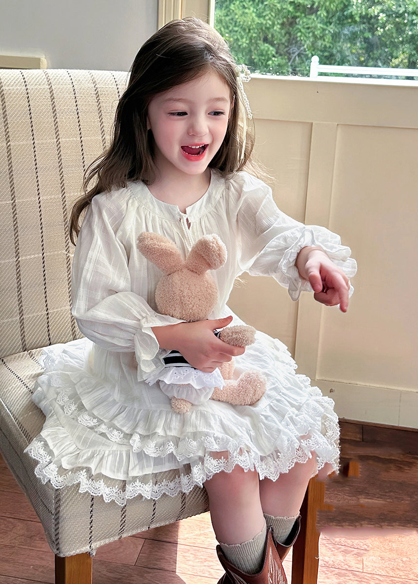 Girls White Lace Maxi Dress Lantern Sleeves - OutfitLondon