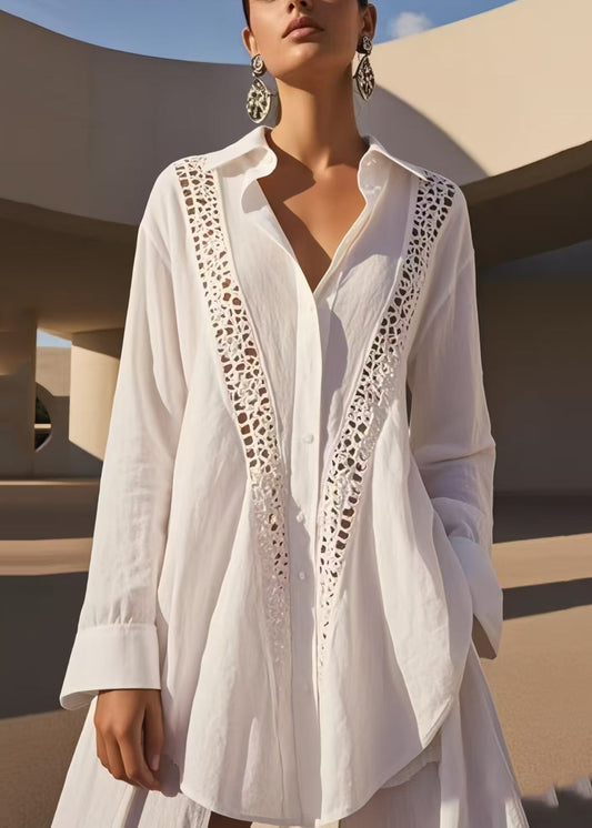 Women's Cotton Blouse White Patchwork Relaxed Fit - OutfitLondon