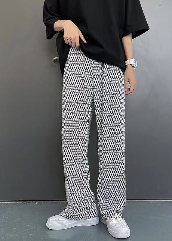 Mens Plaid Pants Elastic Waist White Comfort Fit - OutfitLondon
