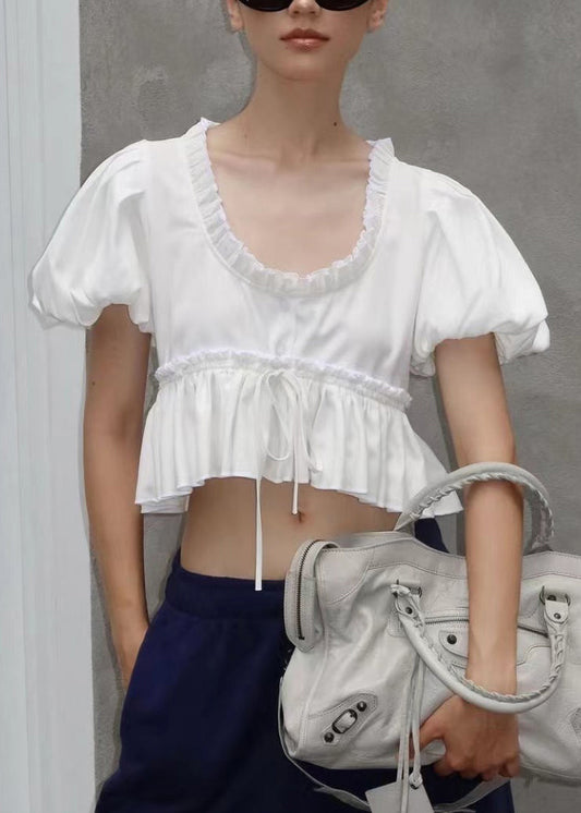 Women's Cotton Blouse With Ruffles U Neck Puff Sleeves White - OutfitLondon