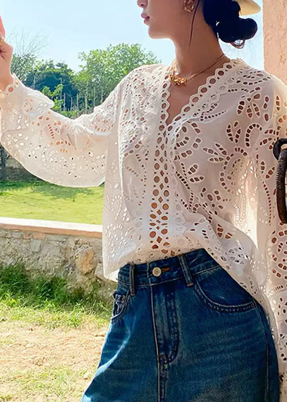 Women's Cotton Blend V-Neck Blouse White Lightweight - OutfitLondon