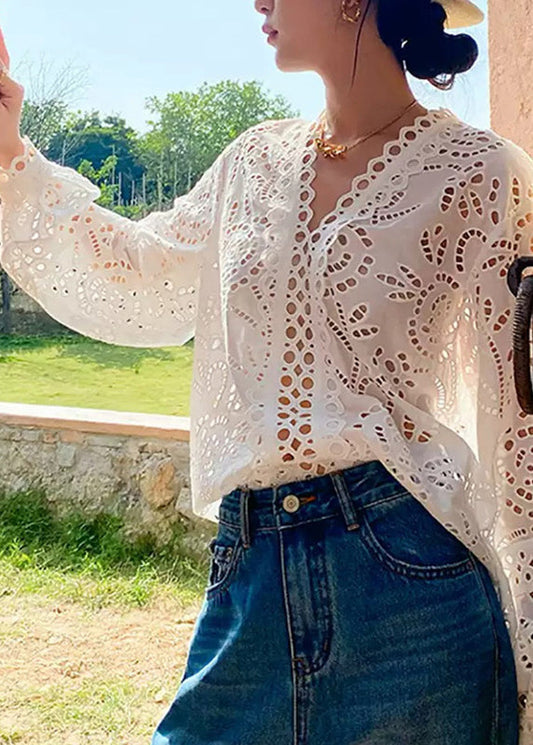 Women's Cotton Blend V-Neck Blouse White Lightweight - OutfitLondon