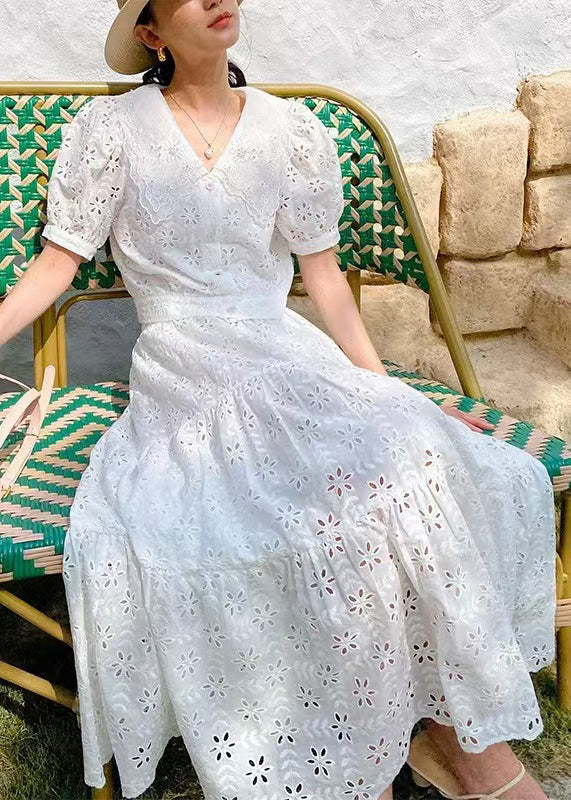 Women's White Cotton V Neck Openwork And Skirt Set - OutfitLondon