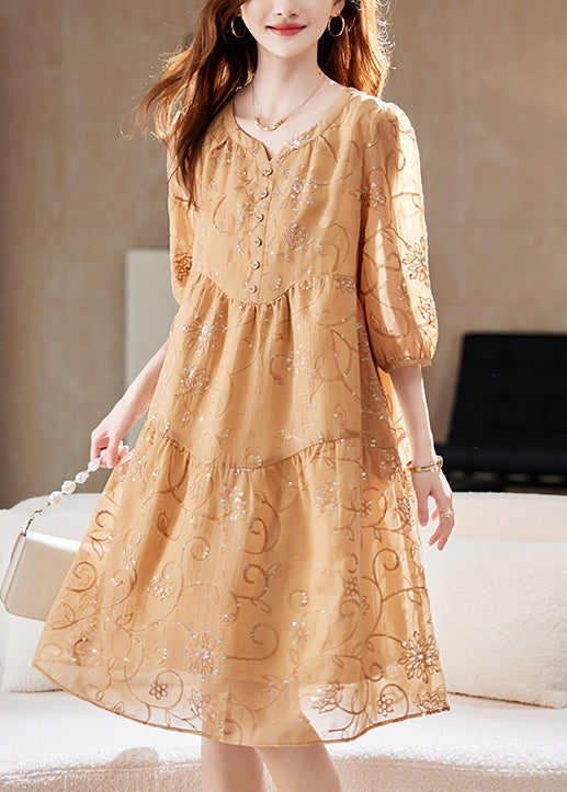 Women's Cotton Patchwork Dress Yellow Embroidery - OutfitLondon