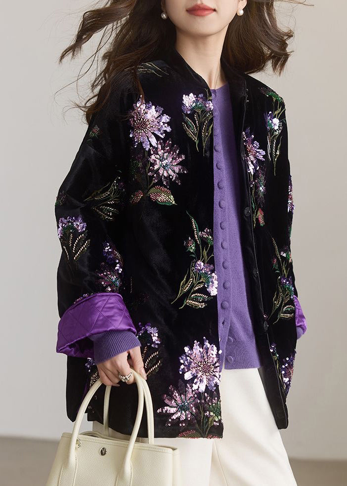 Women's Embroidered Cotton Coat Black Sequin Chinese Style Lightweight - OutfitLondon
