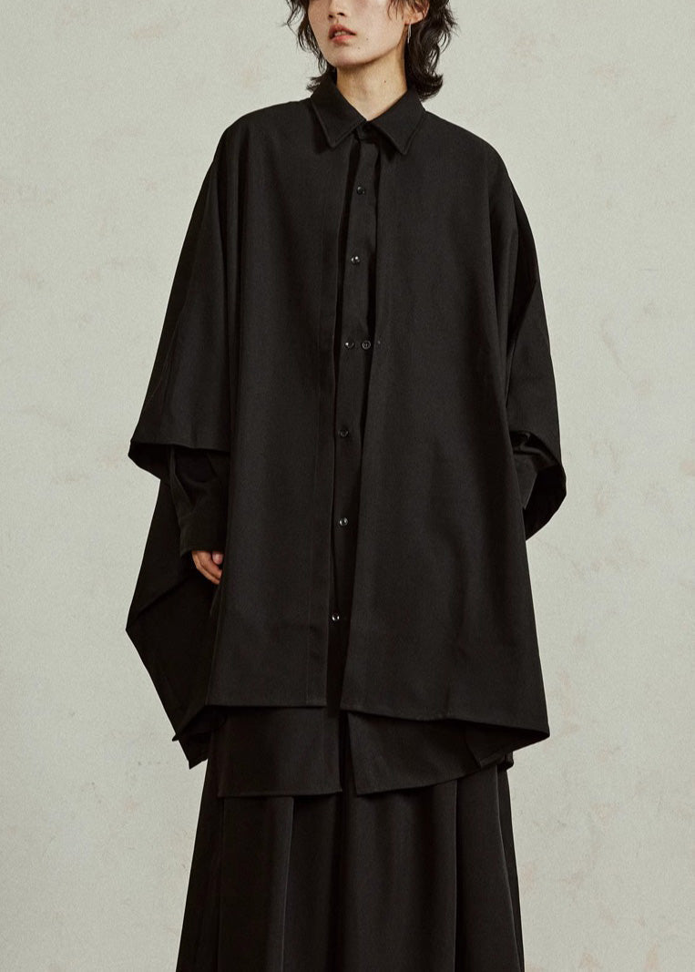 Women's Chinese Style Blouse Peter Pan Collar Batwing Sleeves Black - OutfitLondon