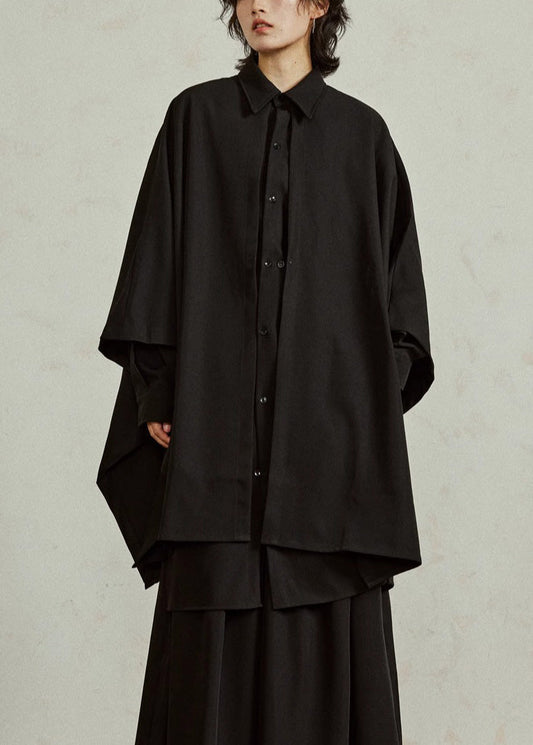 Women's Chinese Style Blouse Peter Pan Collar Batwing Sleeves Black - OutfitLondon