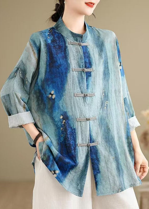 Men's Cotton Linen Blend Button Down Shirt Blue Tie Dye - OutfitLondon