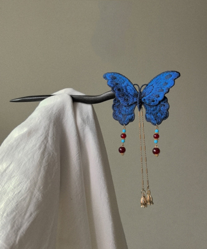 Women's Wooden Hairpin Blue Butterfly Embroidery - OutfitLondon