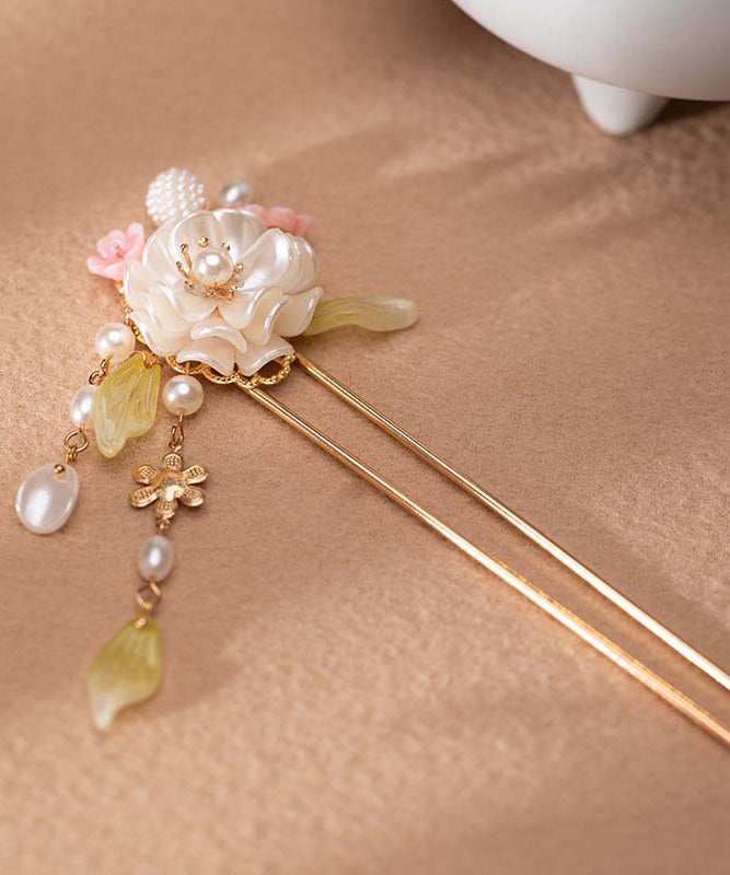 Gold Hair Pin Pom Pom Enamel Pearl Chinese Style - OutfitLondon