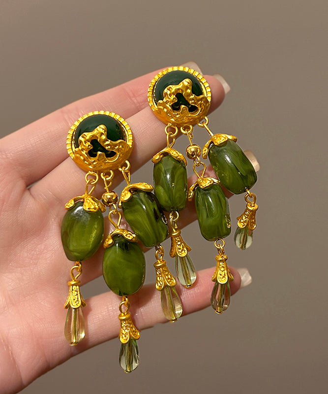 Women's Green Jade Dangle Earrings Alloy Drops - OutfitLondon