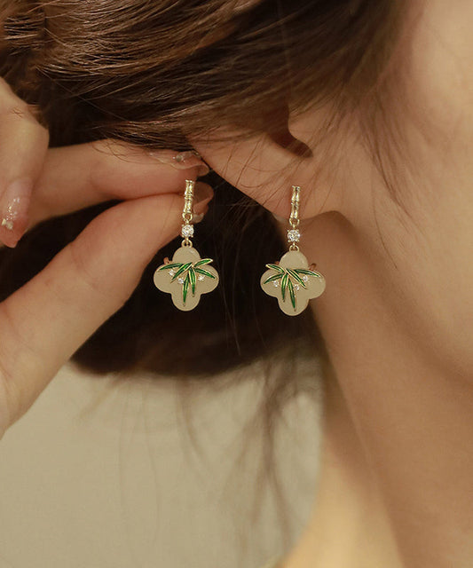 Bamboo Earrings Green Copper Alloy Zircon Resin Drop - OutfitLondon