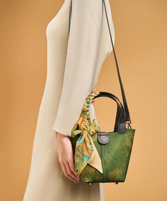 Women's Silk Tote Bag Green Chinese Print Lightweight - OutfitLondon