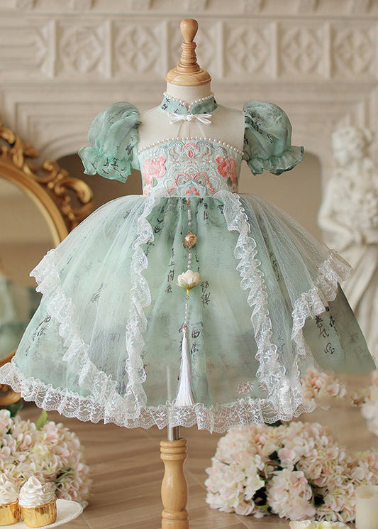 Girls Green Chinese Dress Pearl Embroidery Tulle Collar - OutfitLondon
