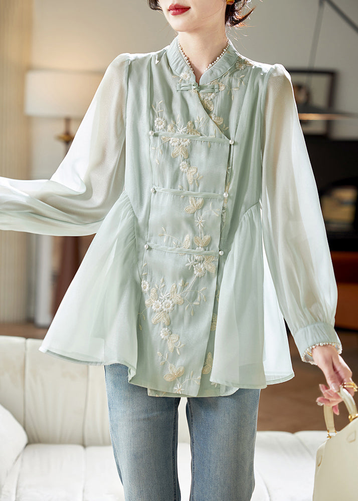 Women's Embroidered Mandarin Collar Blouse Silk Light Green - OutfitLondon