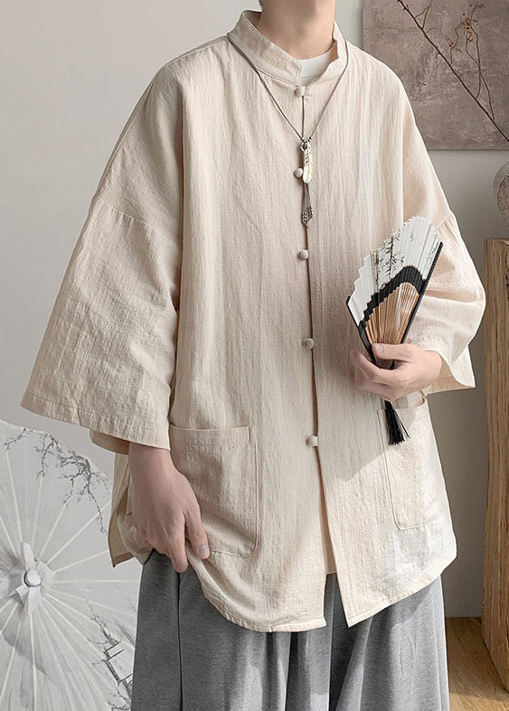 Men's Linen Long Sleeve Shirt Oversized Khaki - OutfitLondon