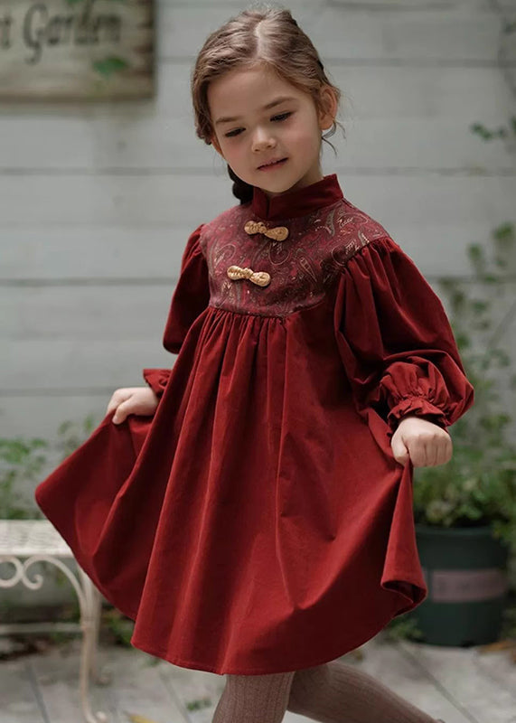 Girls Velvet Corduroy Embroidered Dress Mandarin Collar - OutfitLondon