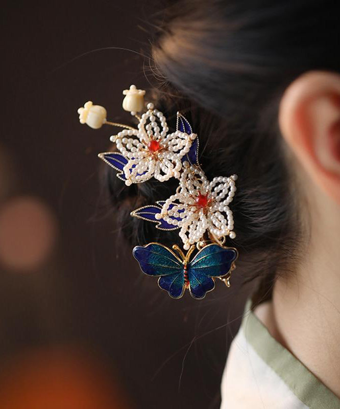 Women's Sterling Silver Multicolor Hair Pin With Gold Beaded Pearls - OutfitLondon