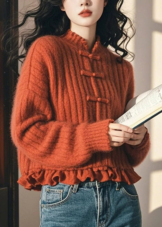 Women's Knit Cardigan Orange Ruffles - OutfitLondon