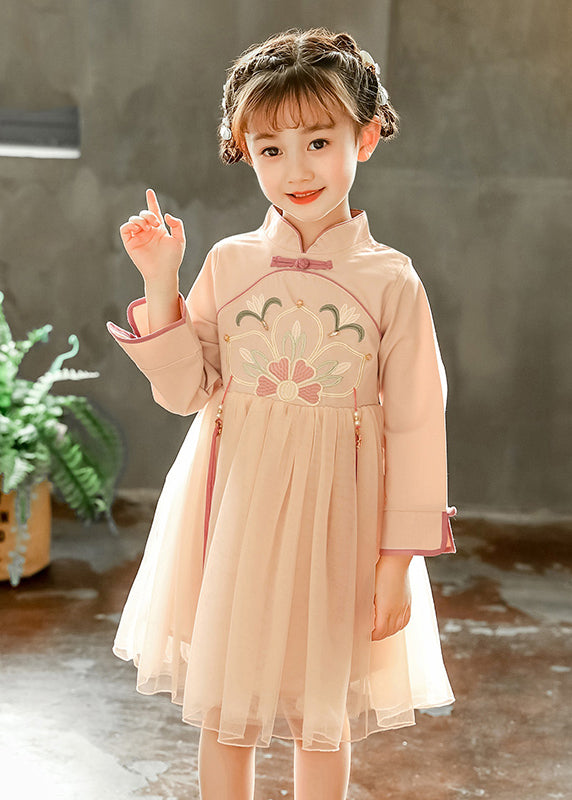 Girls Rose Pink Chinese Style Long Dress High Collar Tulle Embroidery - OutfitLondon