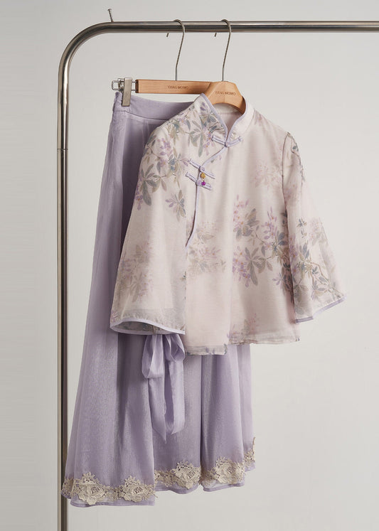 Women's Silk Chinese Style Two Piece Purple Print Ensemble - OutfitLondon