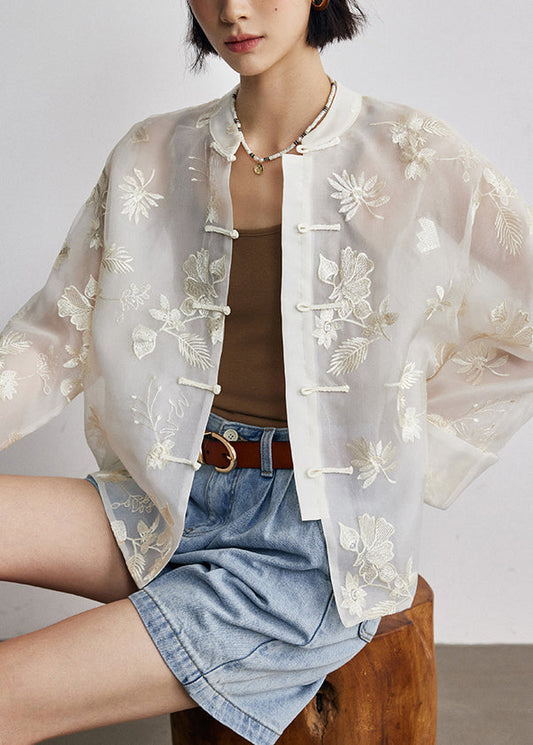 Women's Silk Mandarin Collar Shirt Embroidered Buttons Autumn Elegant - OutfitLondon