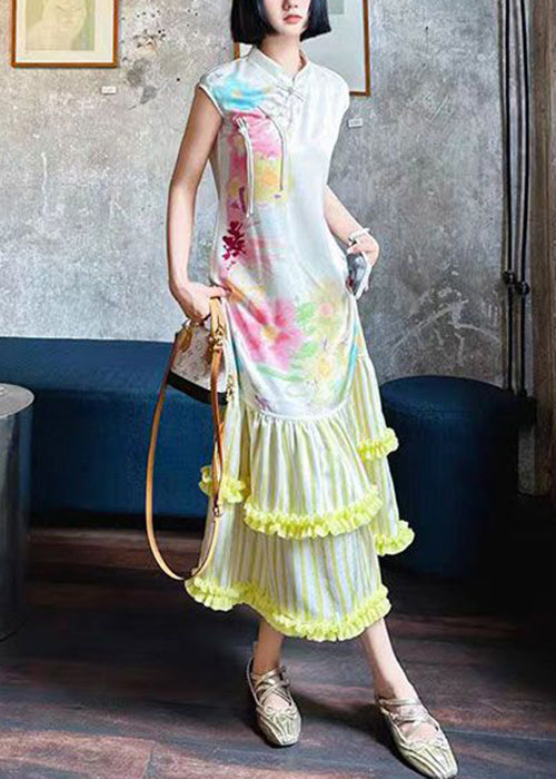 Women's Silk Maxi Dress Ruffles Mandarin Collar - OutfitLondon