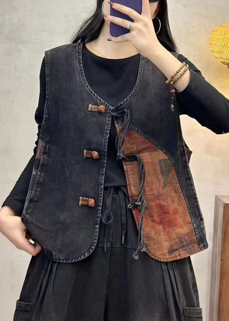 Women's Denim Vest Chinese Buttons Tassel Pom Poms - OutfitLondon