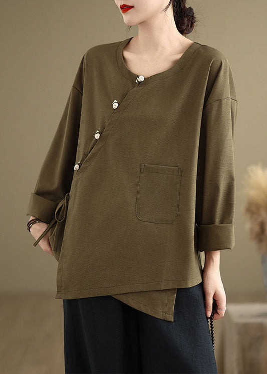 Women Cotton Patchwork Blouse Round Neck Green - OutfitLondon