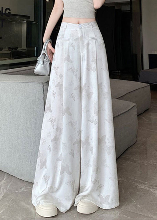 Women's Cotton Blend Pants Butterfly Print White Pockets - OutfitLondon