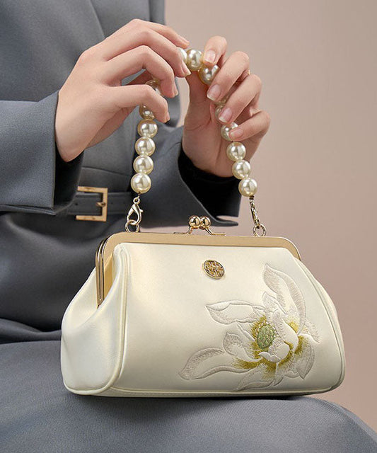 Women's Embroidered Leather Handbag White Pearl Calf Leather - OutfitLondon