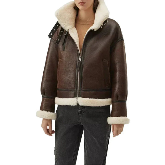 Women's Sheepskin Aviator Jacket Brown - OutfitLondon