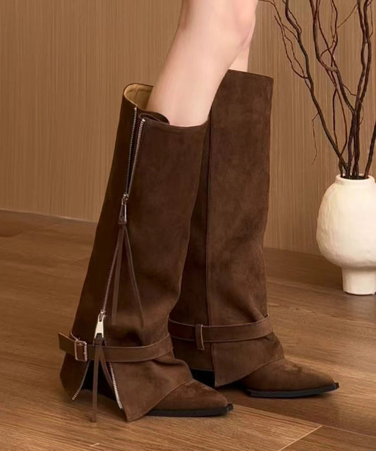 Women's Suede Wedge Boots Chocolate Zipper - OutfitLondon