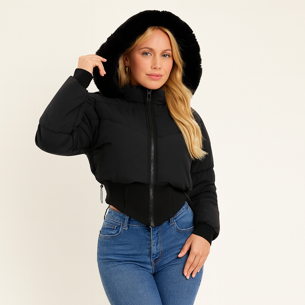 Warm Short Down Puffer Jacket with Removable Fur Trim - OutfitLondon