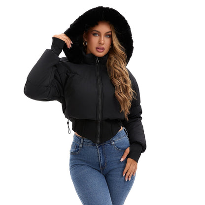 Warm Short Down Puffer Jacket with Removable Fur Trim