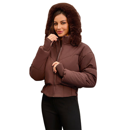 Warm Short Down Puffer Jacket with Removable Fur Trim