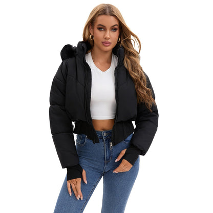 Warm Short Down Puffer Jacket with Removable Fur Trim