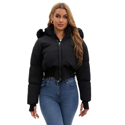 Warm Short Down Puffer Jacket with Removable Fur Trim