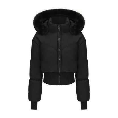 Warm Short Down Puffer Jacket with Removable Fur Trim