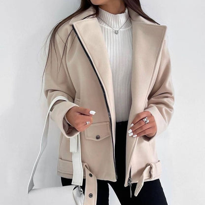 Fashionable Ladies Mid Calf Asymmetrical Zip Jacket
