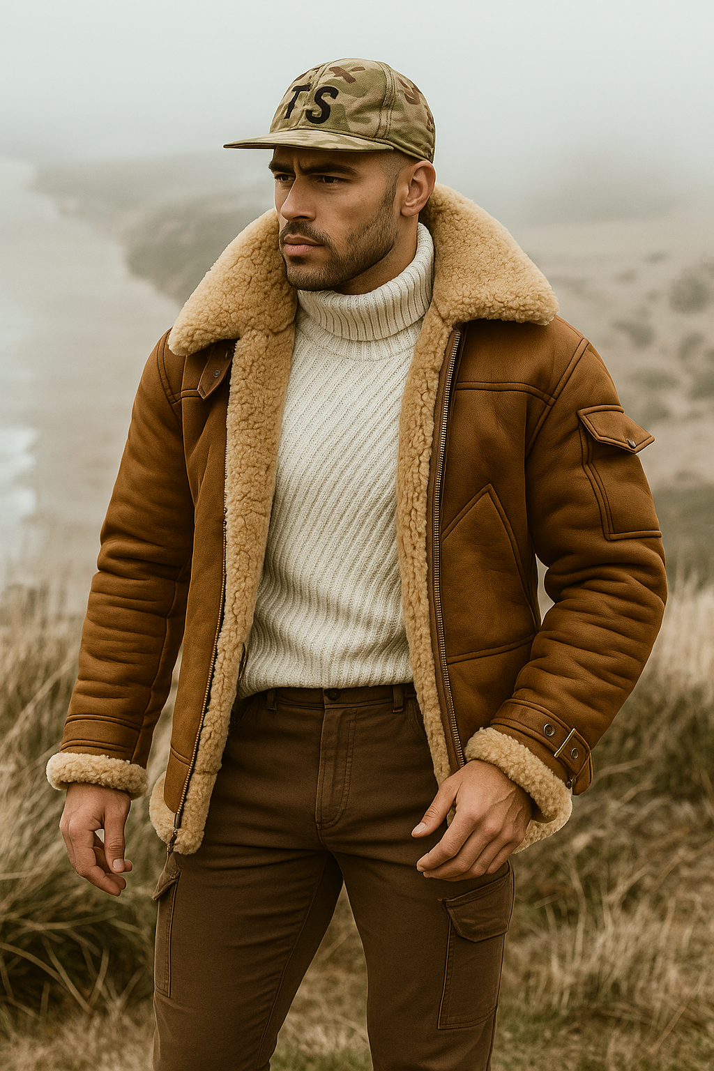 Warm Leather Aviator Jacket Men - Faux Fur Collar - OutfitLondon