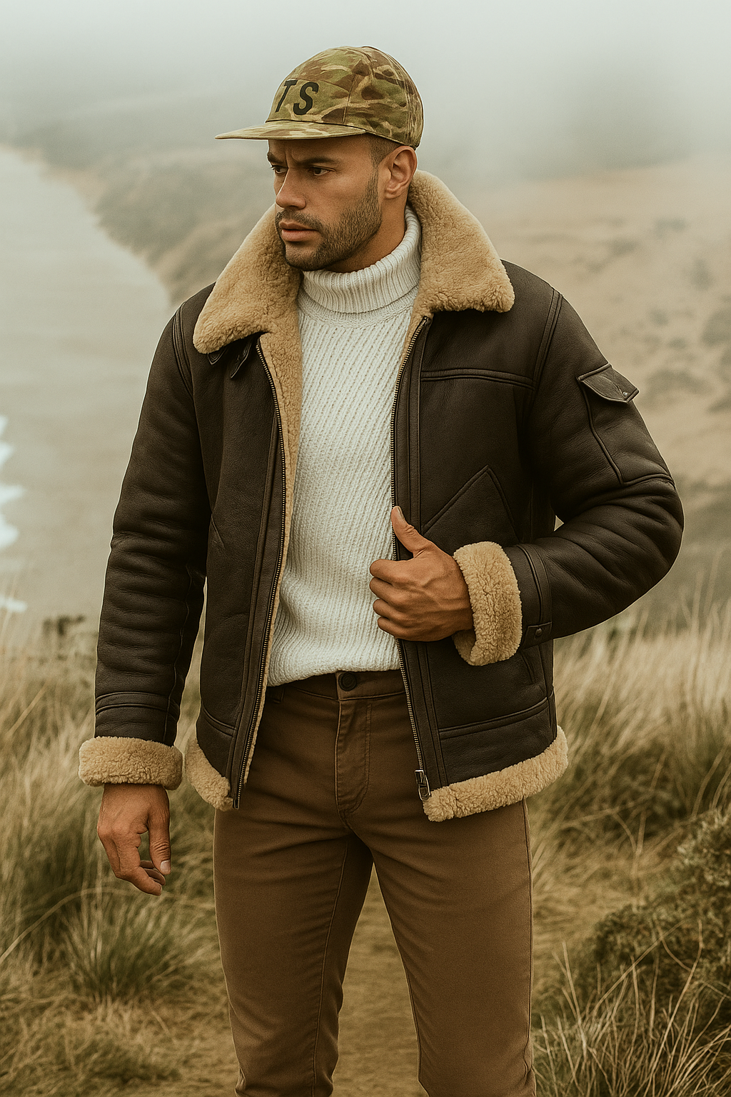 Warm Leather Aviator Jacket Men - Faux Fur Collar