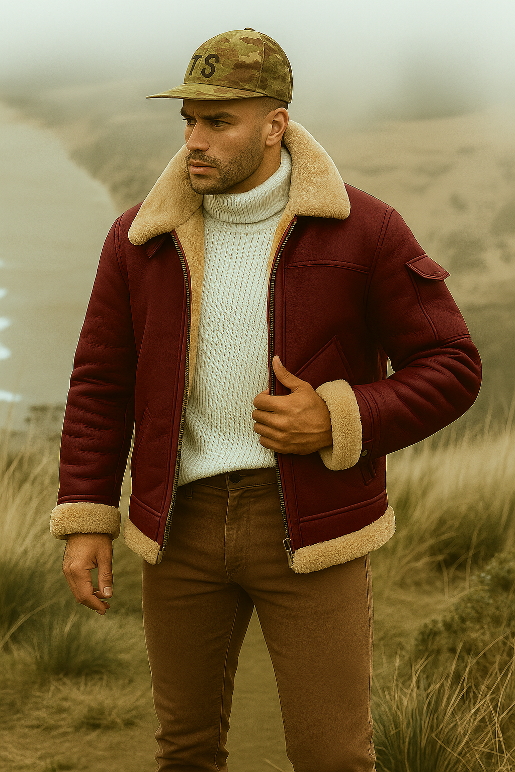 Warm Leather Aviator Jacket Men - Faux Fur Collar