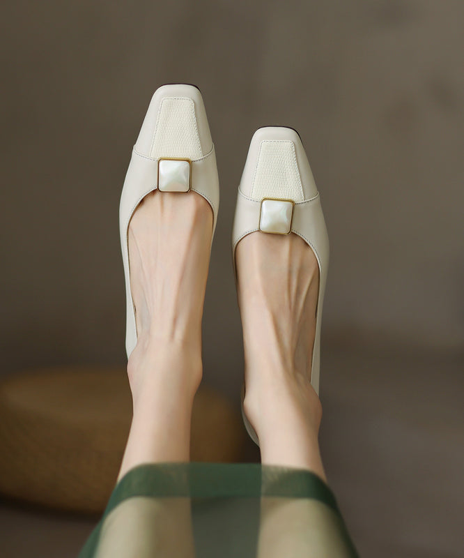 Women's Beige Leather High Heel Pumps Square Toe - OutfitLondon