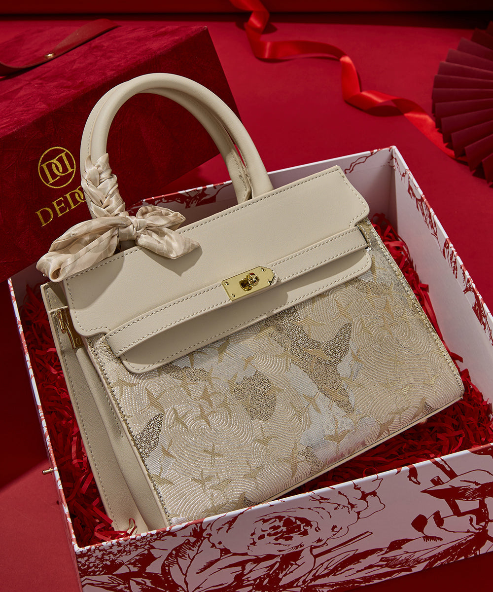 Women's Faux Leather Evening Bag Beige Embroidered - OutfitLondon