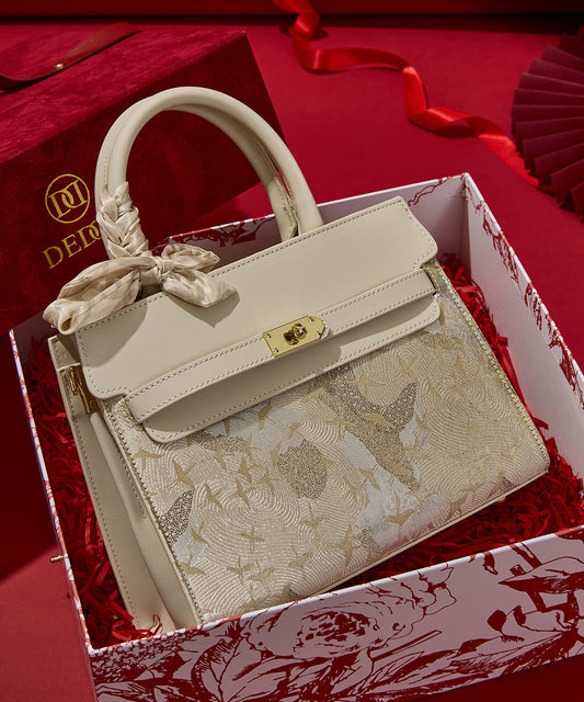 Women's Faux Leather Evening Bag Beige Embroidered - OutfitLondon