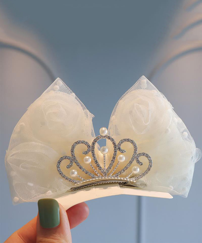 Girls Beige Metal Hairpin Zircon Tulle Crown - OutfitLondon